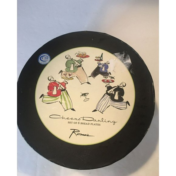 Rosanna CHEERS DARLING Bread Plates French Waiters Set Of 6 5.75" round Flaw Box - Picture 1 of 10
